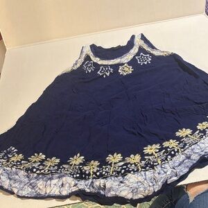 Navy Blue Sleeveless Dress with Floral Embroidery